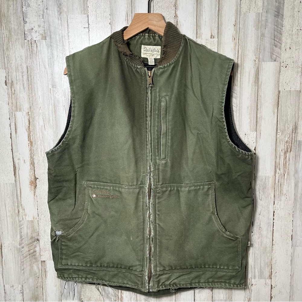 Vintage 90s Cabela's Olive Green Distressed Thrashed Canvas Zip Vest Mens L Tall